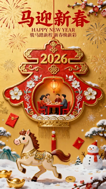 微缩艺术，马年新春海报，喜庆，融合传统新春元素与萌系Q版设计。前景为Q版奔跑姿态马形吉祥物，搭配红包、金元宝装饰；中心主体是巨大红色花灯春字造型（作为场景容器），中式纹样，春字内部嵌入微缩家庭聚餐场景预览效果