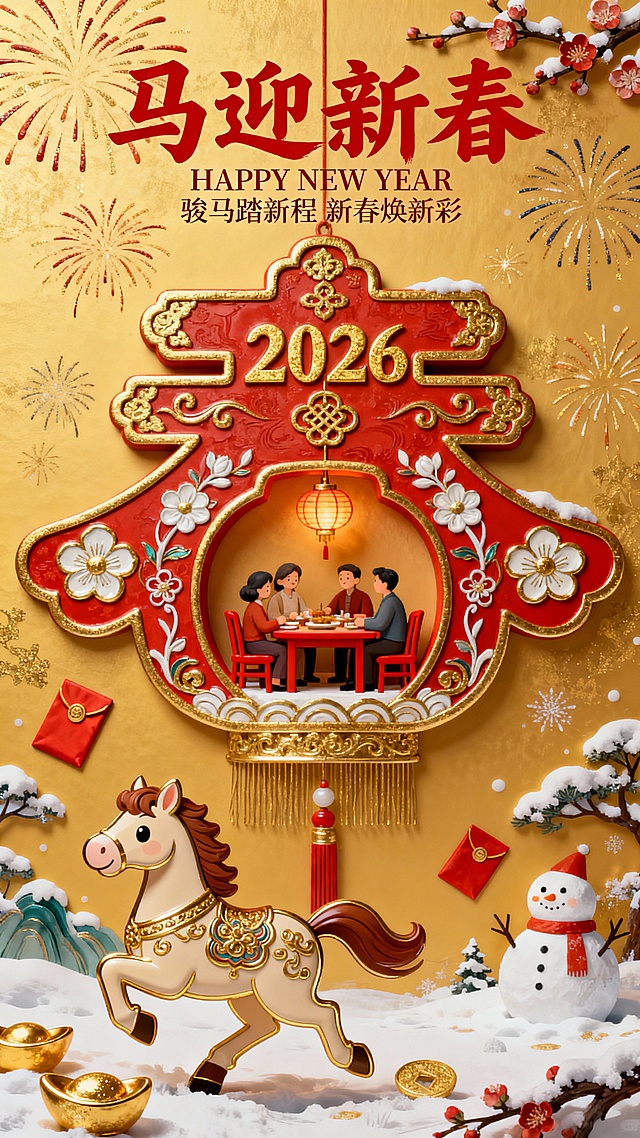 微缩艺术，马年新春海报，喜庆，融合传统新春元素与萌系Q版设计。前景为Q版奔跑姿态马形吉祥物，搭配红包、金元宝装饰；中心主体是巨大红色花灯春字造型（作为场景容器），中式纹样，春字内部嵌入微缩家庭聚餐场景（家人围坐红椅、餐桌，桌上有灯笼），春字带上“2026”金色字与传统花纹；主色调为暖金黄色深夜背景（装饰烟花、雪景和雪人、梅花），搭配红、金、白新春配色，整体色调柔和明快。醒目书法大字“马迎新春”（笔触灵动的红色书法体），书法字下方为英文“HAPPY NEW YEAR”+诗句“骏马踏新程 新春焕新彩”（简洁衬线字体）。