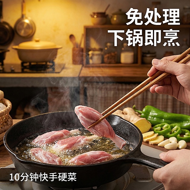 猪肉寸骨烹饪场景主图，食欲感风格，第一人称视角展示美食制作场景：新鲜猪寸骨被放入烧热的铸铁锅，热油滋滋冒起小泡，旁边摆放切好的姜片、大蒜、青椒等配菜，背景是温馨的家庭厨房环境，暖黄色灯光营造烟火气。画面右上角悬浮文案“免处理 下锅即烹”，左下角小字“10分钟快手硬菜”，文字为无衬线白色字体，悬浮于背景不遮挡产品和烹饪场景，背景铺满全屏无边框