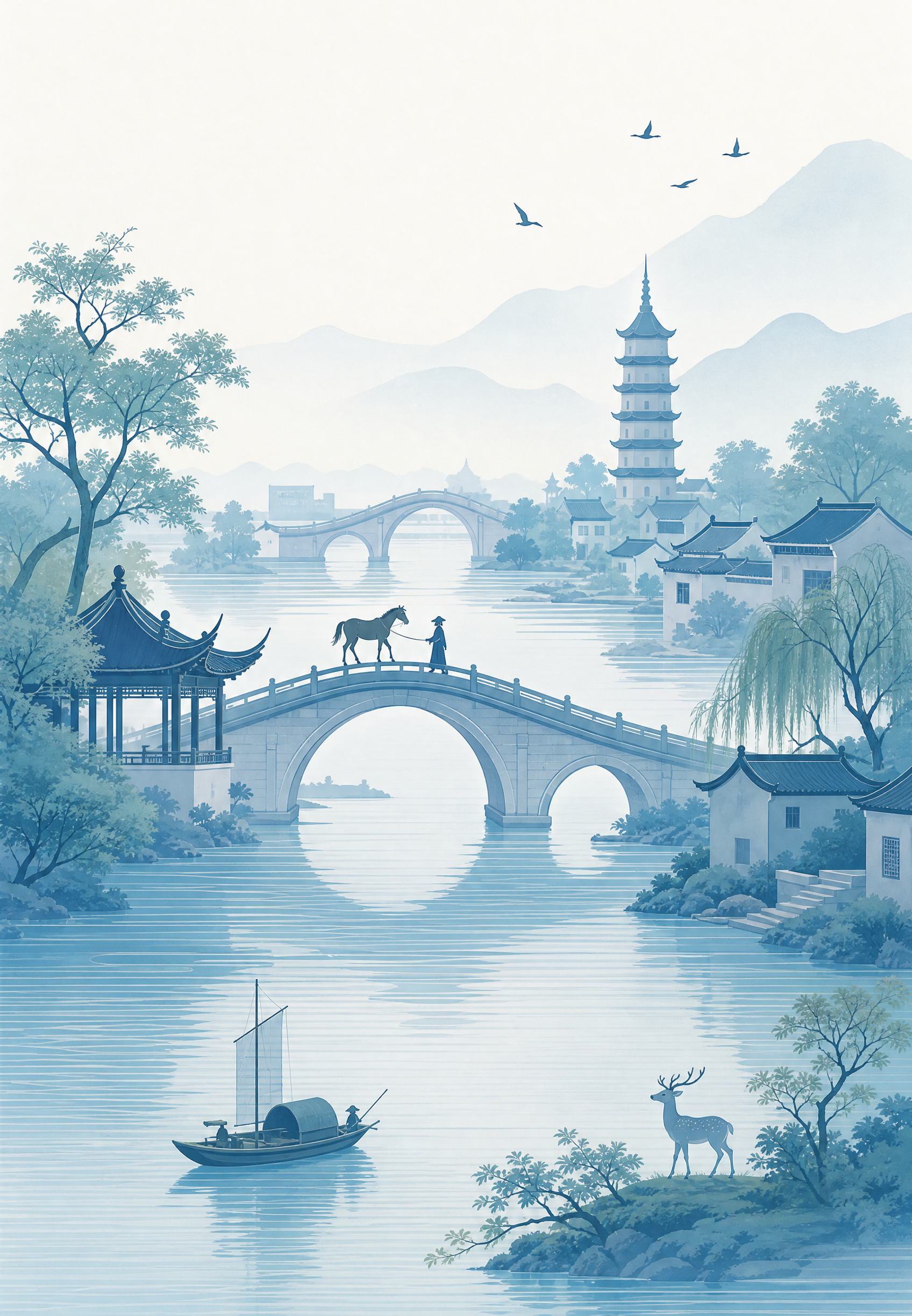 青蓝色水平线条水波纹背景，吴淞江苏州河主题扁平插画，画面中有多… - 图片创意预览