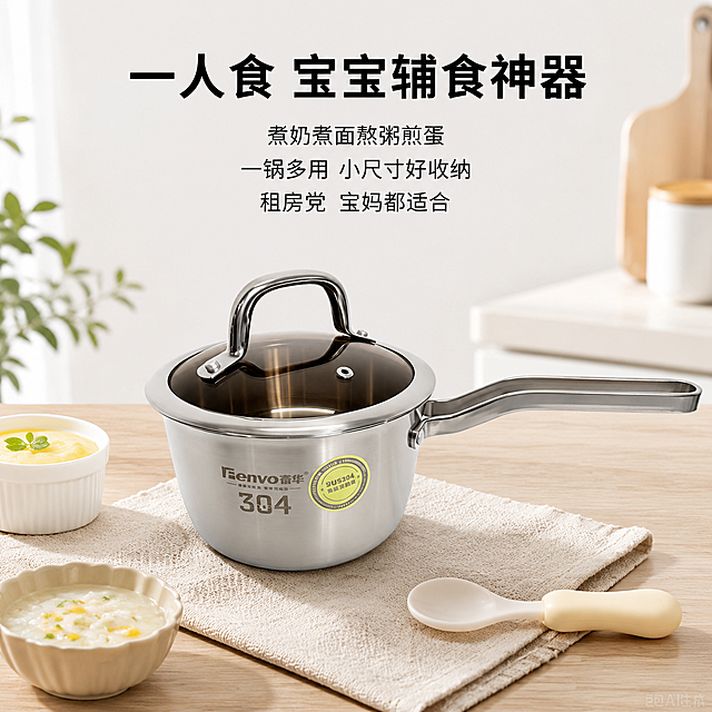 [模块-5] 多功能适用场景主图。保持奋华小奶锅原产品外观结构颜色不变。[氛围/风格] 温馨生活化场景风格 明亮舒适 商业摄影。[画面元素] 奋华小奶锅放置在厨房浅色料理台面上 周围搭配一些简单辅食元素如小勺 小碗 浅色餐布。产品占据画面约60%区域。体现小尺寸不占地的特点。背景简洁干净。[光影质感] 柔和自然光影 温馨明亮 整体通透干净。[配色色系] 全局底色#FFFFFF；主体配色 不锈钢银灰色+原木台面浅木色+浅灰色背景；文字为深灰色。[文字版式] 顶部主标题 "一人食 宝宝辅食神器" 居中对齐 黑色粗体字 字号约画面宽度8%。下方分行卖点文字：第一行"煮奶煮面熬粥煎蛋" 第二行"一锅多用 小尺寸好收纳" 第三行"租房党 宝妈都适合" 居中对齐 常规黑色字 字号约主标题35%。文字清晰排版整齐 不遮挡锅身主体。[比例分辨率] 1:1正方形 1024x1024 文字清晰可辨 超高清。[负向提示词] 产品变形 文字错乱 水印 背景杂乱 颜色偏差