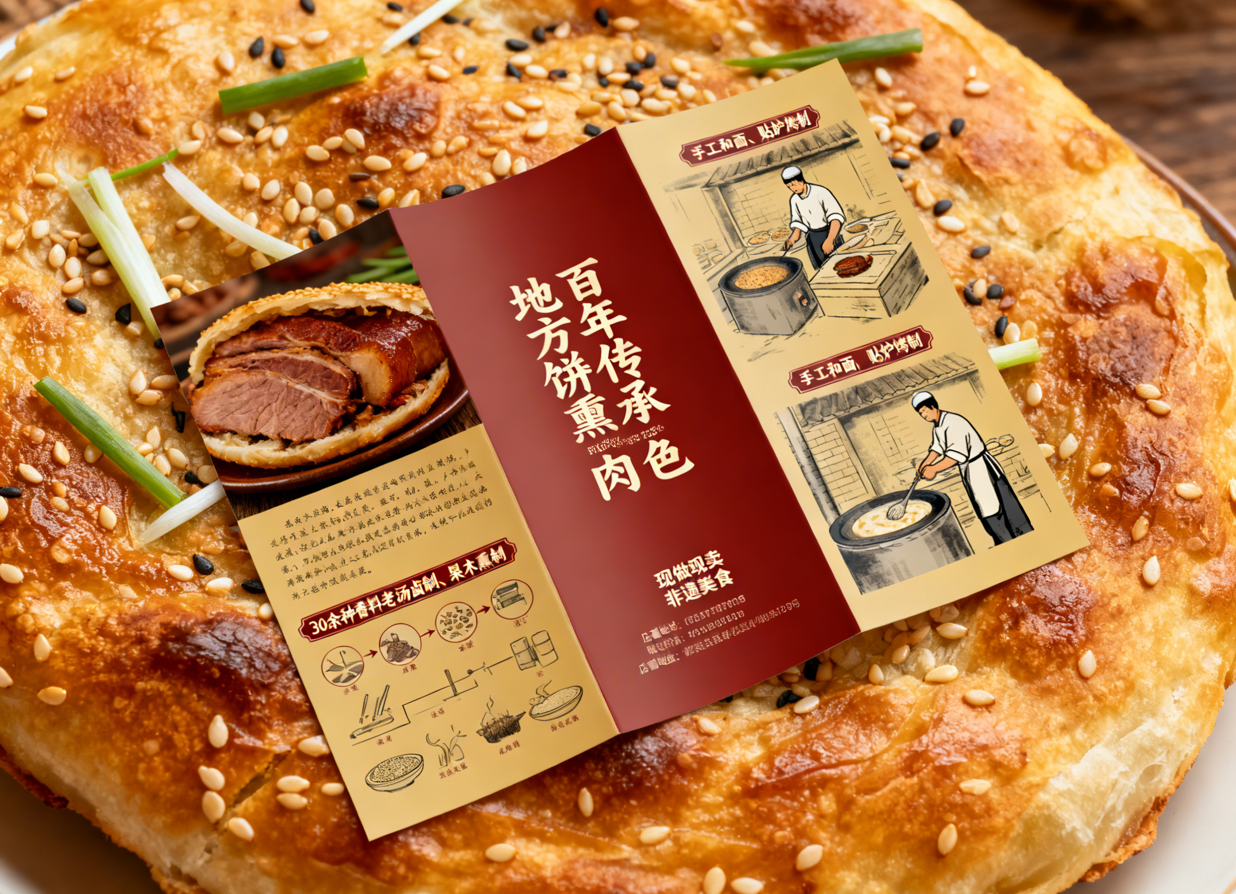 烧饼熏肉三折页设计，采用传统复古暖色调，封面是金黄酥脆烧饼夹油… - 图片创意预览