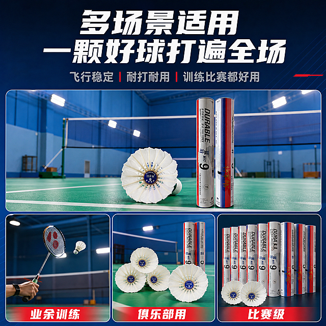 [主图-8] 适用人群场景，主题：适合多种人群 训练比赛都好用。
[统一基调] 专业运动品质风格，背景采用深蓝渐变配球场绿色点缀，主标题白色粗体大字，辅助文案浅灰色，强调色用亮红色，字体为现代无衬线粗体，整体干净利落有力量感。
[画面] 宫格拼图布局，上方1张大图：羽毛球馆场地全景，场地上有羽毛球和球筒。下方3张小图并排：左图-业余爱好者打球场景（只展示手部和球拍击球瞬间，不露脸），中图-俱乐部训练用球摆放，右图-多筒羽毛球堆叠展示适合团购。整体展示多种使用场景。
[光影质感] 真实场景摄影质感，各图色调统一，明亮清晰。
[配色] 整体绿色和蓝色调统一，产品保持原色。
[文字版式] 顶部主标题：多场景适用 一颗好球打遍全场。三张小图下方分别标注：业余训练 / 俱乐部用 / 比赛级。文字简洁明了。
[输出要求] 比例1:1，宫格整齐，文字清晰，无人物面部，无错字，无水印，无平台Logo。
