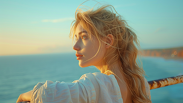 medium shot, upper body only, cropped at waist, shot directly from the girl's back, CLEARLY SHOW BOTH GIRL'S FULL BACK AND COMPLETE RIGHT SIDE PROFILE, back takes 70% of frame, side profile as focal point, blonde girl wearing loose white linen shirt, both arms leaning back on rusty metal railing, head turns to the right showing full right side profile, slight natural skin texture, a few strands of hair blowing in sea breeze, faint relaxed smile, eyes looking at the sea on the right, not looking at camera, blue hour after sunset, no sunset, cool blue tone 7000K, pale blue rim light on hair, deep blue sea surface, distant coast with faint warm yellow street light spots, 10° slight tilt angle, open composition, golden triangle framing, 35mm f/2.8 wide angle lens, shallow depth of field, Kodak Ektar 100 film texture, slight grain, desaturated blue color grading, Western free-spirited photography style, authentic and unposed moments, --v 6.0 --s 400
