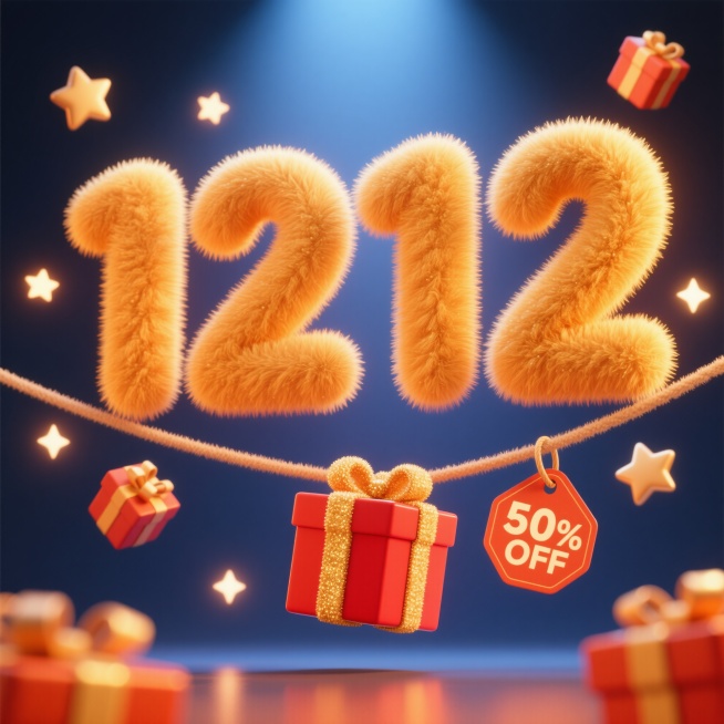 高质量3D毛绒电商促销海报，画面中央是巨大的金色毛绒数字“1212”，有戏剧性的聚光灯效果照亮，下方用毛绒线吊着一个红色矩形礼盒，礼盒为精美、高细节的3D毛绒模型，表面有细腻的金色毛绒材质和光泽，背景预览效果