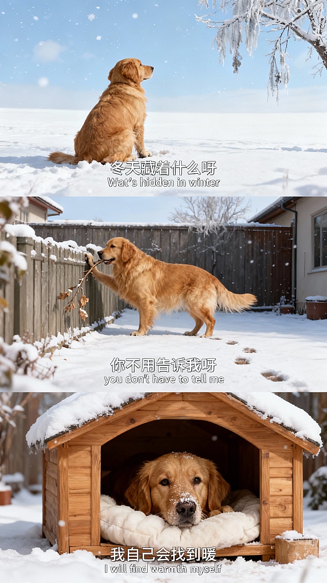 拟人风漫画叙事，实景感雪景中金毛犬的冬日独白，柔和光影与温暖木屋营造温馨舒适氛围，清新治愈，充满故事感。