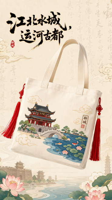 国潮Q版动漫风产品宣传海报，竖屏开屏尺寸。画面中央是一个平铺展示或半挂在空中的米白色亚麻帆布包特写。包身图案细节： 帆布包正面印有Q版手绘聊城风景插画，主体是缩小的卡通版光岳楼（木质古楼，飞檐翘角，大预览效果