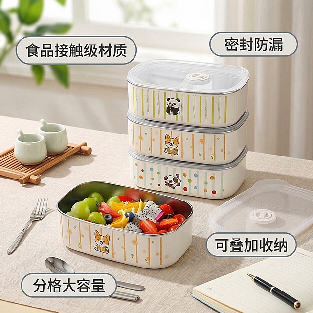 基于原图生成不锈钢饭盒电商主图，核心卖点环绕产品展示，画面：四个叠放的卡通保鲜饭盒放置在干净原木餐桌上，背景为简洁浅色厨房空间，柔和自然光。整体风格干净明亮清新。文案：四个错落排列的圆角胶囊标签分别标注在产品周围，“食品接触级材质”“密封防漏”“可叠加收纳”“分格大容量”，无衬线深灰色字体。产品主体居中，不遮挡主体，卖点清晰醒目