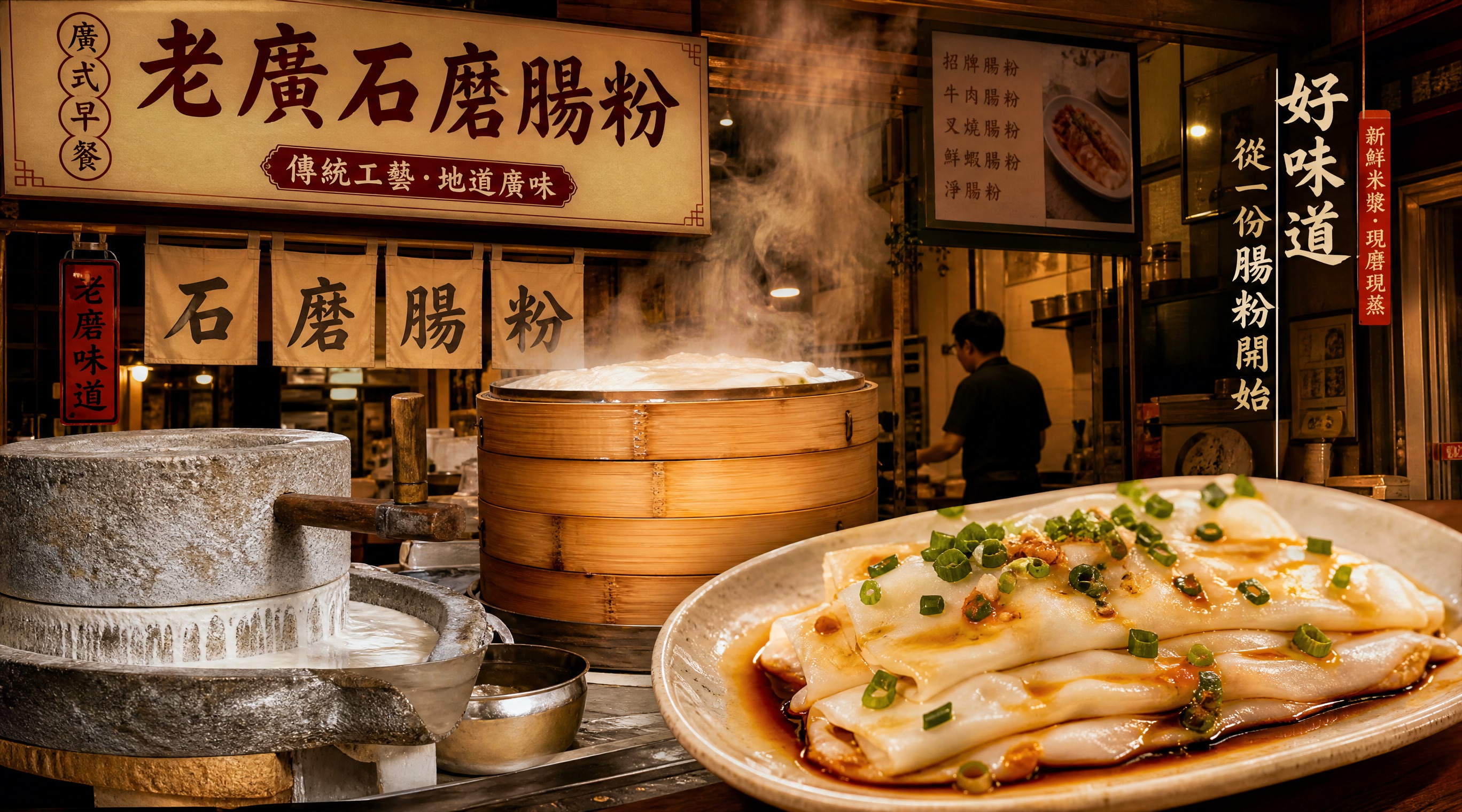 老广石磨肠粉早餐店店招横幅设计，写真摄影风格，画面展示广式石磨… - 图片创意预览