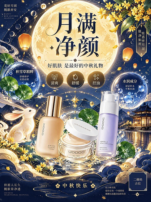 中秋主题护肤品祛痘祝福海报，竖版3:4，极繁主义矢量插画风格，参考深蓝星空孔明灯满月与成分解析图形的版式骨架。以深蓝与金色为主，同心圆、放射线、几何星点、云纹、月相变化图形、孔明灯、玉兔剪影、桂花枝叶、积雪草叶片、水珠图形等点线面装饰铺满画面但层次分明，强烈装饰感契合中秋与祛痘主题。画面文字精简有重点：主标题「月满 净颜」大号几何衬线字居中，副标题「好肌肤 是最好的中秋礼物」，两侧仅三个单词标签「清爽」「舒缓」「控油」以圆形徽章呈现，底部小字「中秋快乐」。画面中所有信息区域必须填充完整合理的内容，不得出现空白框、空白占位、横线待填写区域、空列表项；画面中所有二维码区域使用纯色方块占位符呈现，方块中央标注"二维码占位"文字，严禁生成任何可识别的二维码图案。文字清晰，无促销信息，华丽精致，版式精美