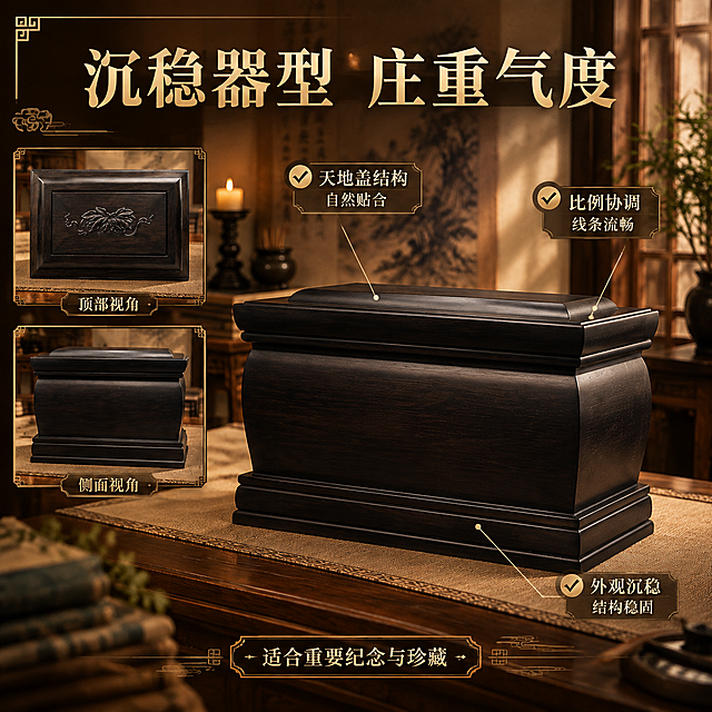 [主图-2 800×800] 核心亮点：沉稳器型+天地盖结构，理性证明产品品质。
[统一基调] 风格=高端中式庄重纪念商业摄影；主色=深棕黑（黑檀木色）；背景主色=暖米黄+深棕渐变中式书房空间；标题字色=暖金色；辅助字色=深棕褐色；强调色=暖金色；字体=宋体衬线粗体（标题）+简洁宋体（正文）；组件=中式回纹细边框、细线引线、古典信息卡、对勾图标；光影=4000K暖光，侧45°光线，柔和明暗过渡，强调黑檀木纹理和立体感。
[画面] 使用【图3】【图4】黑檀木骨灰盒多角度图；保留每款角度的盒体结构、天地盖造型、黑檀木深色木纹、整体比例和材质质感。画面中心偏右为主产品正面45°大图（占画面约50%），左侧上下排列侧面小图和顶部小图各一张，形成多角度组合展示。产品放置在实木条案米色麻布垫上，背景延续中式书房暖调空间。用细引线从产品各部位引出标注。
[光影质感] 4000K暖光侧45°打光，产品表面温润有光泽，木纹纹理清晰，底部柔和接触阴影，商业摄影级质感，小图光影与主图统一。
[配色] 主色深棕黑，背景暖米黄到深棕渐变，强调色暖金色，引线和图标用暖金色，文字暖金+深棕褐。
[文字版式] 左上主标题"沉稳器型 庄重气度"。引线标注三个结构特点："天地盖结构 自然贴合""比例协调 线条流畅""外观沉稳 结构稳固"。底部短说明"适合重要纪念与珍藏"。文字横排，字号适中，不遮挡产品主体。
[输出要求] 800×800 1:1正方形，4K，文字清晰可读，产品清晰完整，避免变形、错字、模糊、杂乱、水印、平台Logo、冷蓝/冷灰背景、夸张宣传用语。