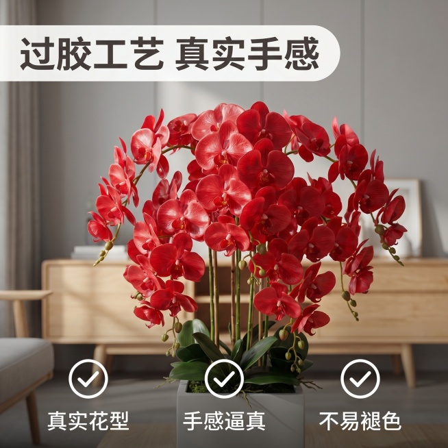 [主图 2] 展示特大号过胶手感蝴蝶兰盆栽的工艺细节卖点，放置在同主图1一致的现代简约客厅背景中。[氛围风格] 温馨居家生活感，高端品质感。[画质] 商业摄影质感、光线柔和通透、产品清晰真实、画面干净预览效果