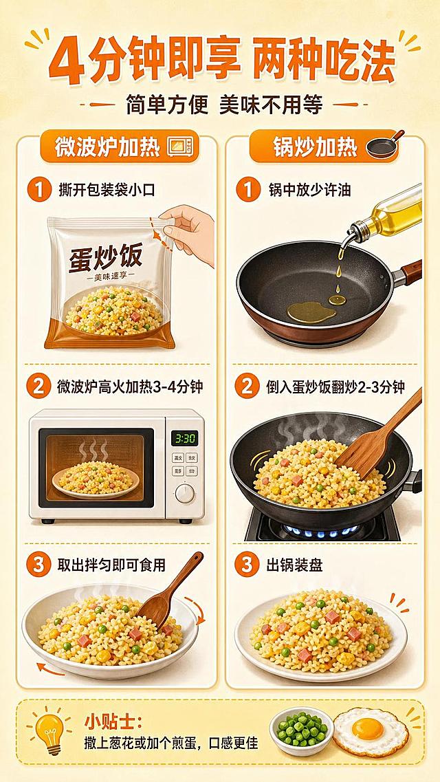 [第8张] 食用方法步骤图专屏。
[氛围/风格] 轻松操作感，家常温馨风，步骤清晰易懂，商业设计质感。
[元素布局] 画面展示两种食用方法，每种方法分步骤呈现：左侧为「微波炉加热法」，分3步：1. 撕开包装袋小口 2. 微波炉高火加热3-4分钟 3. 取出拌匀即可食用；右侧为「锅炒加热法」，分3步：1. 锅中放少许油 2. 倒入蛋炒饭翻炒2-3分钟 3. 出锅装盘；底部加一个小贴士：撒上葱花或加个煎蛋，口感更佳；每个步骤配小插图，直观易懂。
[光影质感] 温暖明亮的光线，步骤图清晰有生活感，整体轻松家常，让人一看就会。
[配色色系] 全局底色 #FFF8E1 暖米黄渐变；主色橙色 #FF9800、深橙 #F57C00；辅助色米白 #FAFAFA、浅棕 #8D6E63。
[视角构图] 左右双栏布局，左微波炉法 + 右锅炒法，底部小贴士，纵向阅读动线，步骤清晰。
[文字版式] 顶部大标题 + 左右双栏步骤 + 底部小贴士。主标题「4分钟即享 两种吃法」，橙色粗体字，最大号；副标题「简单方便 美味不用等」，深灰色字，约半高；每个方法有小标题：「微波炉加热」「锅炒加热」；步骤编号用圆形数字标，清晰醒目；步骤说明文字简洁明了；小贴士用浅黄色背景框突出；文字清晰可读，不遮挡插图。
[比例分辨率] 9:16竖版比例，4K分辨率，文字清晰可辨，高清画质。
[负向提示词] 变形，文字错乱，插图模糊，背景杂乱，水印，电商平台Logo，步骤不清晰，排版混乱。