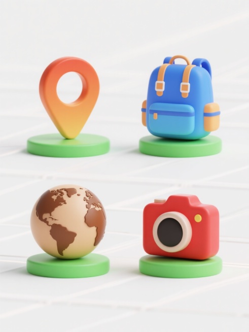 四个旅行相关元素以相同3D立体图标风格、纯色白色背景、规整网格布局排列，每个元素均采用渐变色彩处理，底部有绿色平台支撑：左上角为橙色渐变定位标记图标，右上角为蓝色渐变旅行背包图标，左下角为棕色渐变世界地图图标，右下角为红色渐变相机图标，所有元素保持统一的圆润边角、高光阴影效果和简洁现代设计感。预览效果
