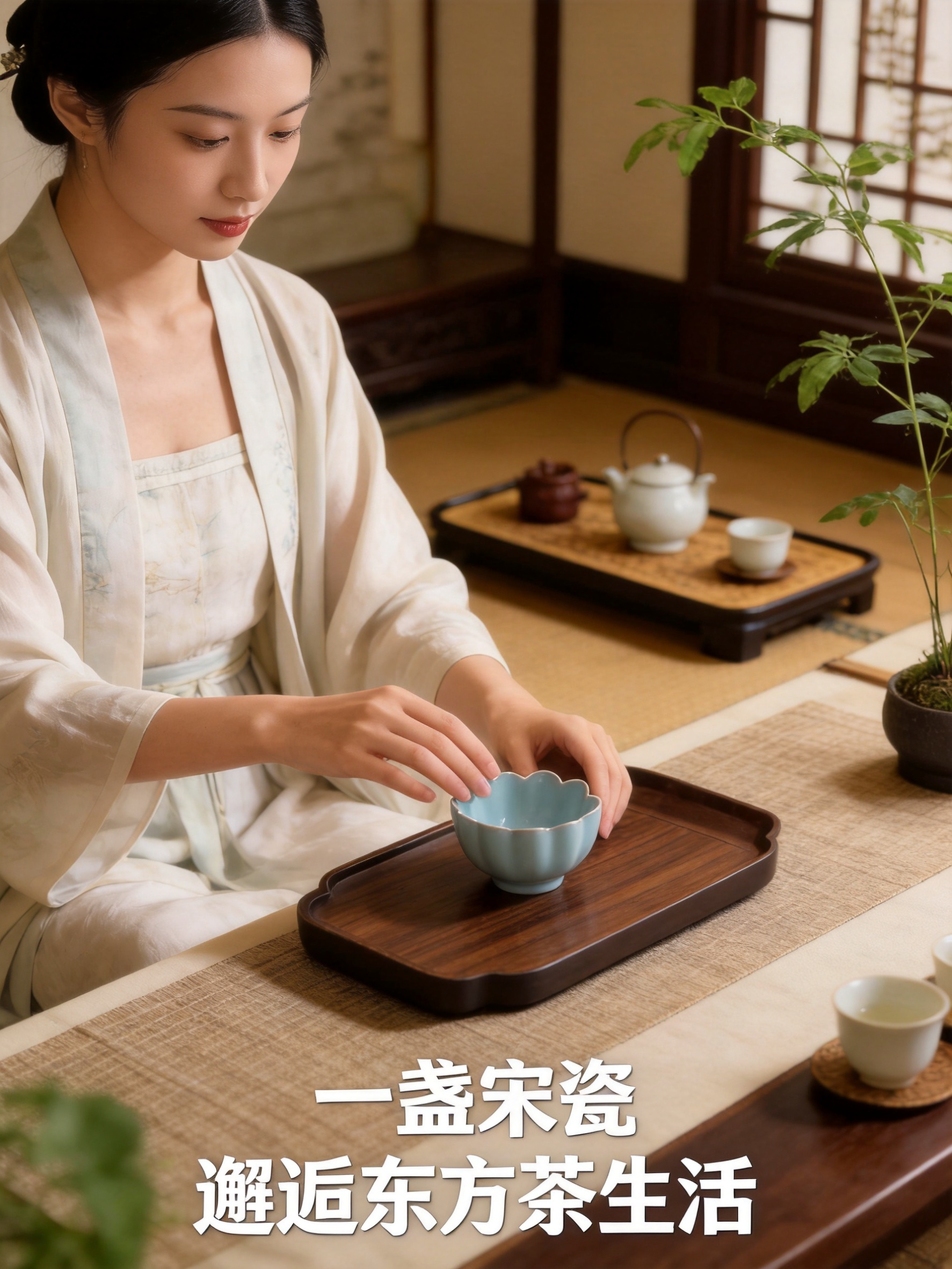 茶席置杯镜头模特图，750x1000px竖版3:4。模特坐于茶… - 图片创意预览