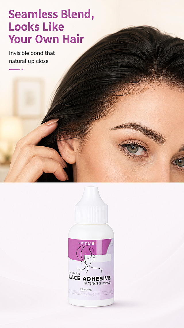 [Screen 6] Real wear result page for lace wig adhesive.
[Style/Atmosphere] Authentic natural lifestyle style, daily environment, real result showing invisible seamless effect, target to western consumers
[Layout] Upper half is close-up of Caucasian female hairline after wearing lace wig, showing seamless invisible result. Lower half places product bottle centered, keep product appearance and label consistent with original image. Clean indoor background, focus on hairline result, product balances composition at bottom.
[Lighting & Shadow] Natural soft indoor lighting, clear detail on skin and hair, even lighting on product, real and authentic.
[Color Palette] Global background: #fcf8fa warm light tone; Main: natural skin + dark hair + white product; Accent: pink-purple product label
[Perspective & Composition] Result close-up top, product bottom, vertical split composition, view result first then product naturally.
[Text Layout] Main headline at top left: "Seamless Blend, Looks Like Your Own Hair", subhead below: "Invisible bond that natural up close", text does not cover face or product, mobile-friendly font size. All text English.
[Resolution & Ratio] 9:16 vertical, 4K resolution, all text clear and readable.
[Negative Prompt] Deformed face, distorted wig, deformed product, color distortion, blurry label, inappropriate explicit content, watermark, garbled text