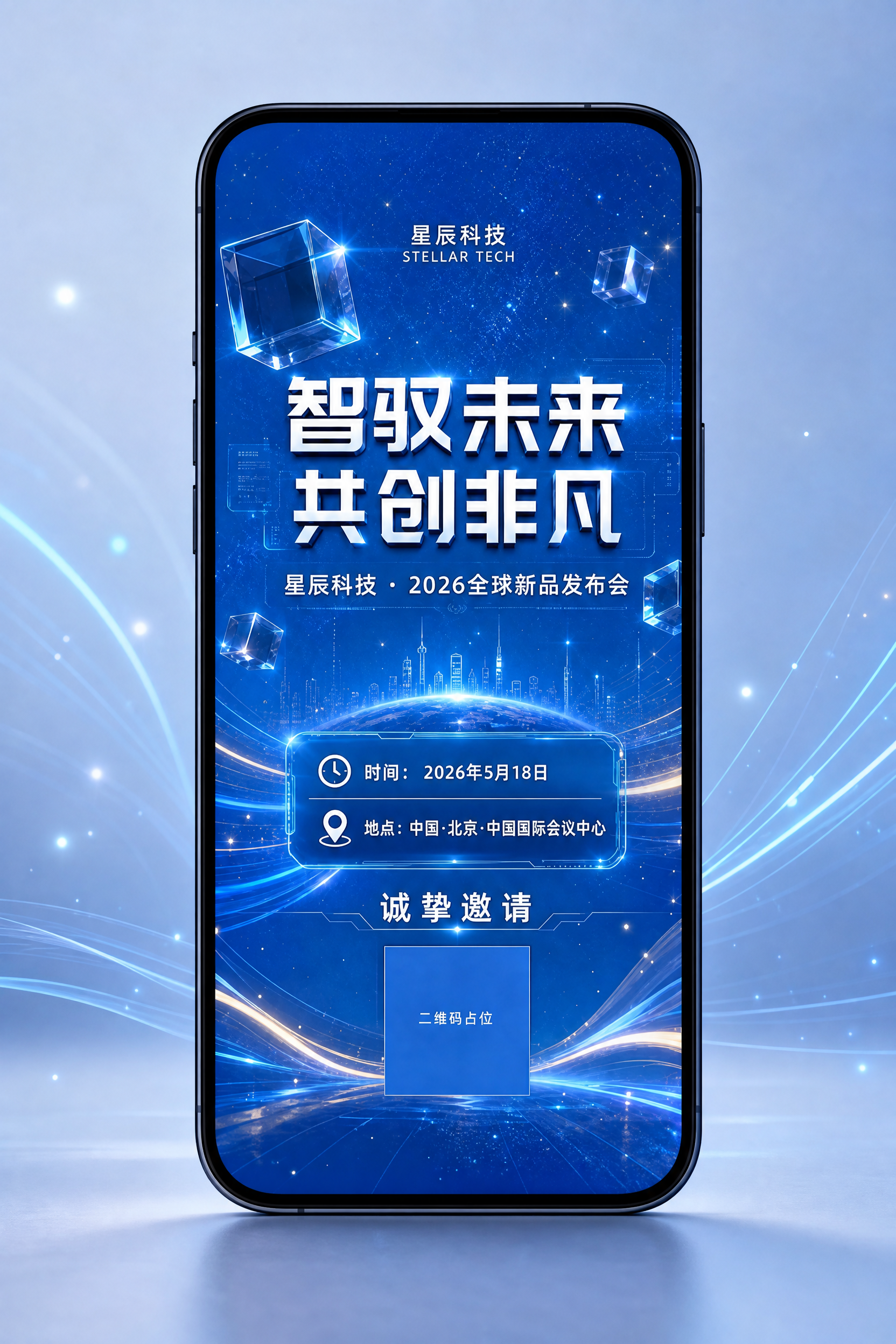 将这张星辰科技发布会邀请函海报放到手机样机中，正视图展示。手机… - 图片创意预览