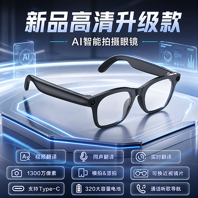 参考图一的科技感设计风格，使用图二的智能眼镜产品，生成一张1:1方形高端大气有层次感的电商主图，突出新品AI智能拍摄眼镜