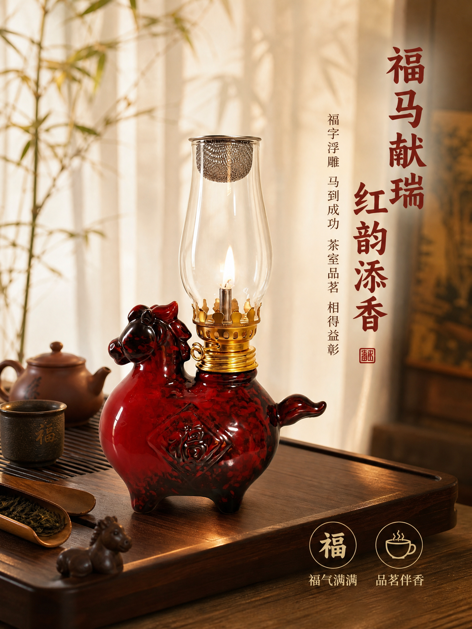 详情页竖版3:4，福马酥油灯场景展示。新中式茶室场景，福马酥油… - 图片创意预览