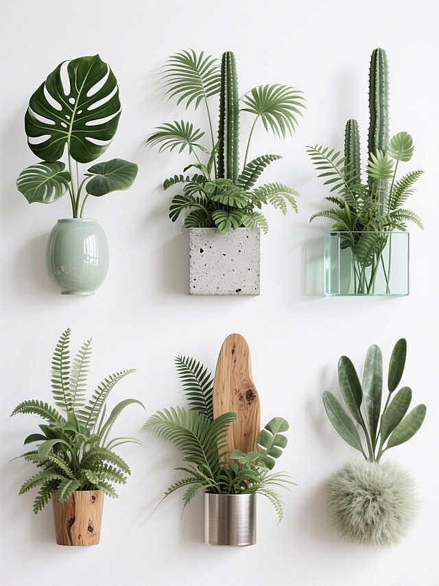 白色背景上，以原始图像中茂密热带植物组合为基础造型元素进行变换设计，生成六个完全不同材质的同系列素材集合，整体呈规整排布。这些植物元素造型需保留热带植物的形态特征，包括宽大的龟背竹叶、细长的棕榈叶、柱状的仙人掌以及各种层次丰富的蕨类和草本植物，它们错落有致地组合成具有自然生态感的整体轮廓。六个素材分别呈现六种截然不同的材质质感：第一个为光滑亮泽的陶瓷材质，表面有细腻釉面反光，色彩纯净；第二个是粗糙的混凝土材质，带有自然的水泥纹理和细微气孔；第三个是透明通透的玻璃材质，边缘有精致的磨砂处理，光线照射下有柔和折射；第四个是温暖的木质材质，展现清晰的木纹肌理和自然的木结疤；第五个是金属质感，呈现出哑光金属的细腻光泽和冷硬质感；第六个是柔软的毛绒材质，表面有蓬松的绒毛感，色彩柔和。所有材质的植物元素色彩均以绿色系为基础，根据不同材质特性呈现出相应的色调变化，整体构图保持对称平衡，每个材质的植物组合在白色背景上独立成组又相互呼应，形成统一且富有变化的视觉效果，整体设计简洁现代，具有强烈的装饰性和设计感。