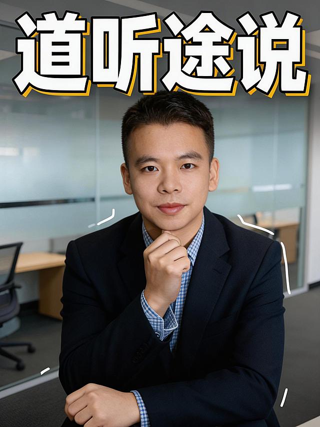 图2的小红书封面排版样式，将图2中的人物替换为图1中的人物，保持图1人物的面部特征不变。
动作改为图1的手势姿态，保持双手姿势不变。
保留图2的文字排版结构：将顶部的白黄黑描边大字"职场小白"替换为"道听途说"，移除左侧文字"搞钱"，移除右侧文字"理财"，移除底部的所有文字，仅保留顶部主标题文字。
背景替换为写实风格的职场办公场景，适当虚化，亮度适中。