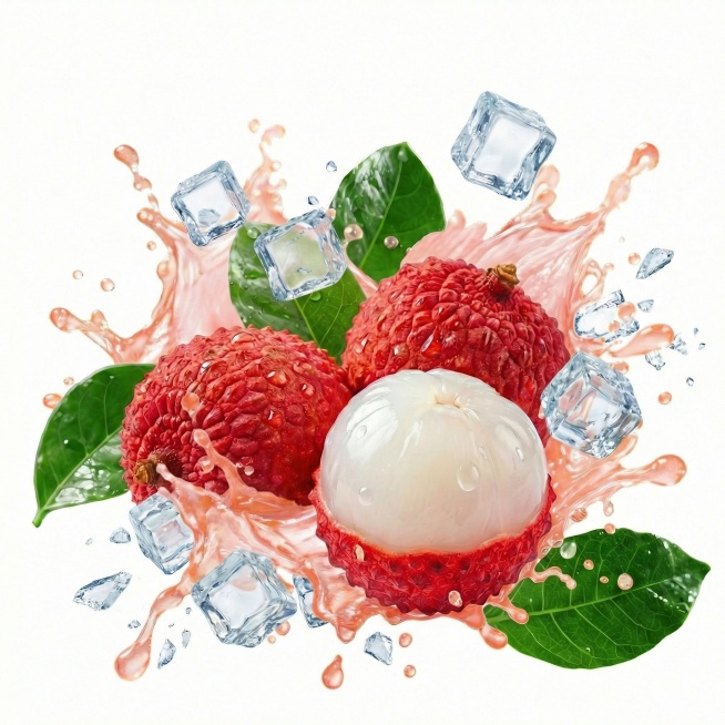 水果和果汁周围陪衬些冰块、飞溅的冰块，冰块参考图片2的冰块，冰块不要太多，果汁颜色不变，纯白色背景悬空，图像完整高清晰大图预览效果