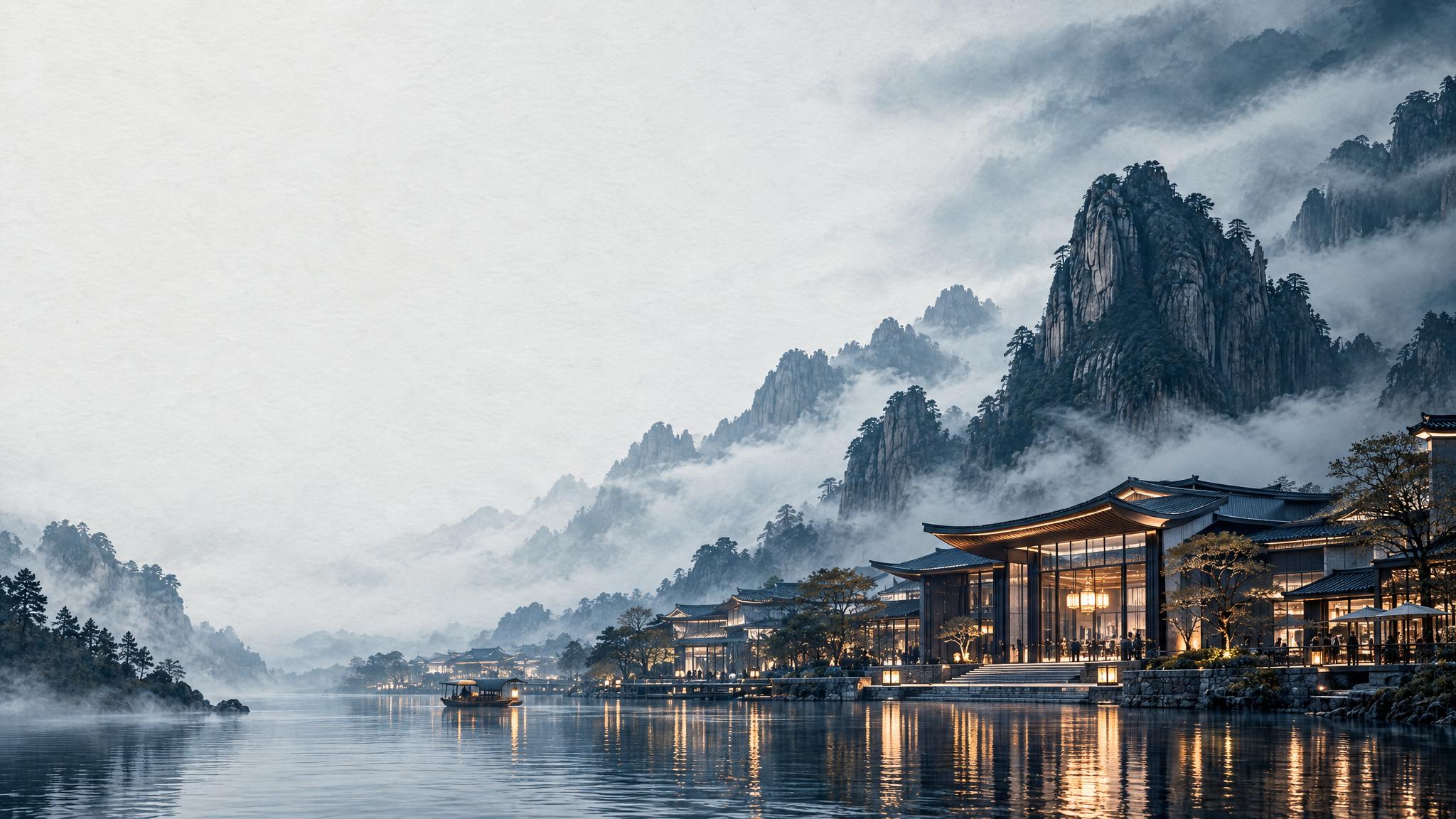 顶级东方人文风景建筑摄影，国际奢华度假区PPT封面背景。参考图… - 图片创意预览