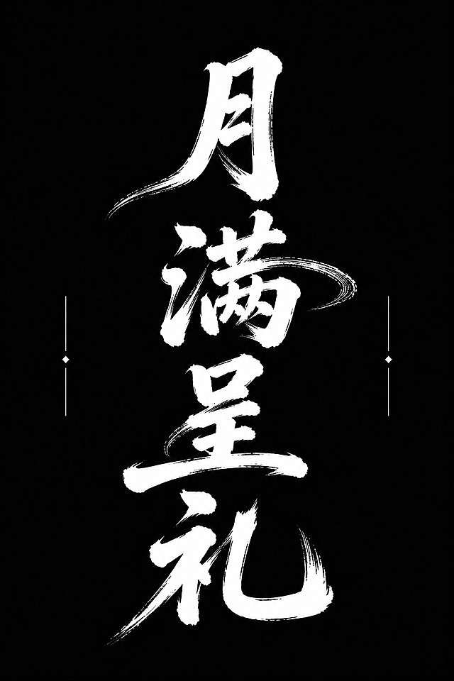 参考图中竖排大字书法的黑白风格、笔刷质感和构图方式，将画面中央的竖排大字改为“月满呈礼”，保持白色毛笔书法字体在纯黑色背景上，笔触苍劲有力有飞白效果，整体为竖版构图，保留两侧小字的排版位置但不保留原小字内容