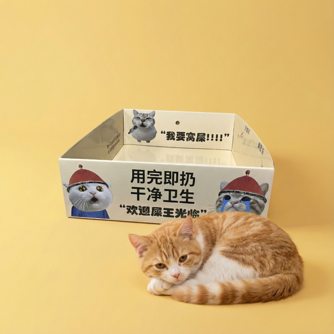 这张图片是产品主体这款产品是一次性猫砂盆 产品主体颜色不改变 我需要设计20张主图在拼多多上面售卖   主图场景布局设计用小猫等 等背景元素 整体色调暖色，可爱 显得高级一些  主图文案内容 月刨猫砂预览效果