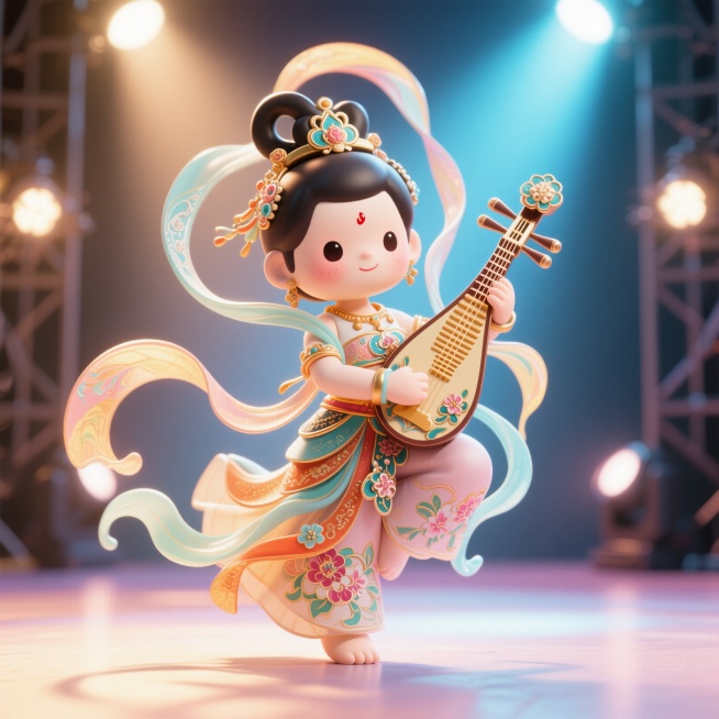 Q版国风仙女玩偶宝宝，敦煌飞天体态，手持琵琶弹奏，身体周围环绕神奇飘逸的飘带，服饰融入敦煌飞天元素重构设计，采用花丝镶嵌和烤瓷工艺细节，整体造型华丽可爱，背景为明亮的舞台场景，光线柔和聚焦预览效果