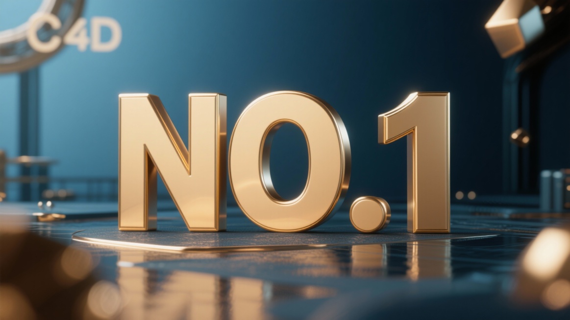 立体字设计，金属字，C4D渲染，正视图，字体“NO.1”，浅金色，深蓝色背景,比例16:9预览效果