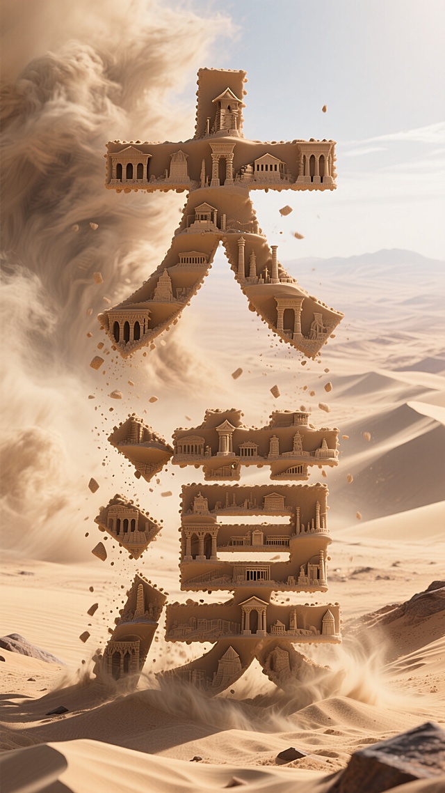 "大漠"3D立体字，居中正视图，竖向排列，巨大的站立字，流动沙粒构成不断崩塌重组的字体，表面浮现各个文明遗迹全息投影，背景是流逝的沙暴，