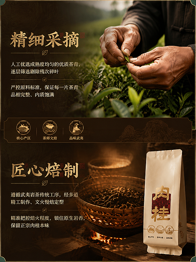 [商品] 使用【图1】肉桂独立小泡袋米金色包装；保留米金色袋身、金色书法"肉桂"大字、红色印章底纹、底部三个圆形图标与小字，包装袋结构比例与烫金质感不变；轻微提升质感。
[画面] 采摘与焙制工艺展示页，上下双段竖拼结构；上段为精细采摘——茶农手部在茶园中精选茶青的特写场景，占画面约45%；下段为匠心焙制——传统焙茶笼与文火慢焙的工坊场景，小泡袋置于右下角点缀，占画面约45%；中间用深棕分隔条过渡；三层视觉层次，突出传统匠心工艺。
[视觉] 套系策略：风格=新中式国风高级商业摄影；标题字=书法宋体粗体，带笔锋韵味；正文字=简洁宋体；主色=深棕褐；背景延展=基于深棕褐做深浅层级、同色渐变与木纹/宣纸质感；强调色=烫金古铜色，仅用于小面积图标、引线、标签和重点字高亮；标题色=烫金古铜色；正文色=米白暖灰；组件=圆角深棕信息卡、细金线引线、印章元素；光影=上段自然茶园柔光，下段暖调工坊火光氛围光。
[文字] 上段标题烫金："精细采摘"，正文横排："人工优选成熟度均匀的优质茶青，逐层筛选剔除残次碎叶""严控原料标准，保证每一片茶青品相完整、内质饱满"；下段标题烫金："匠心焙制"，正文横排："遵循武夷岩茶传统工序，经多道精工制作、文火慢焙定型""精准把控焙火程度，锁住原生岩香，保留正宗肉桂本味"；文字均横排，字号保证手机端可读。
[规格] 图片比例3:4竖版，4K分辨率，避免变形、错字、文字过小、冷蓝背景、包装袋颜色改变、结构失真、极限词。