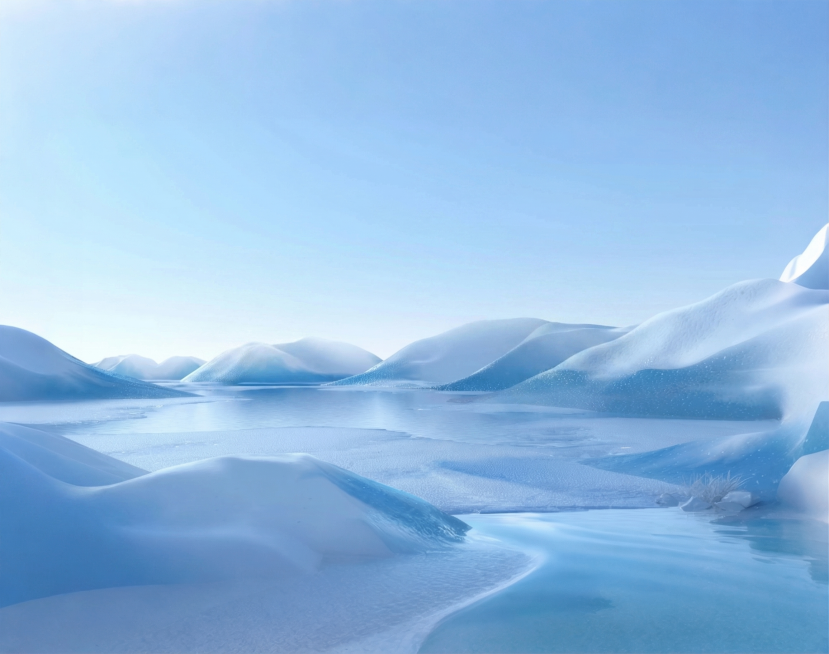 移除图片中的所有笔记本电脑产品和所有文字信息，保留原有的冰川河流淡蓝色背景，保持背景风格和内容不变，生成只有干净背景的图片预览效果