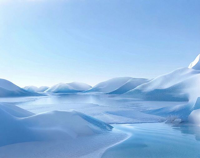 移除图片中的所有笔记本电脑产品和所有文字信息，保留原有的冰川河流淡蓝色背景，保持背景风格和内容不变，生成只有干净背景的图片