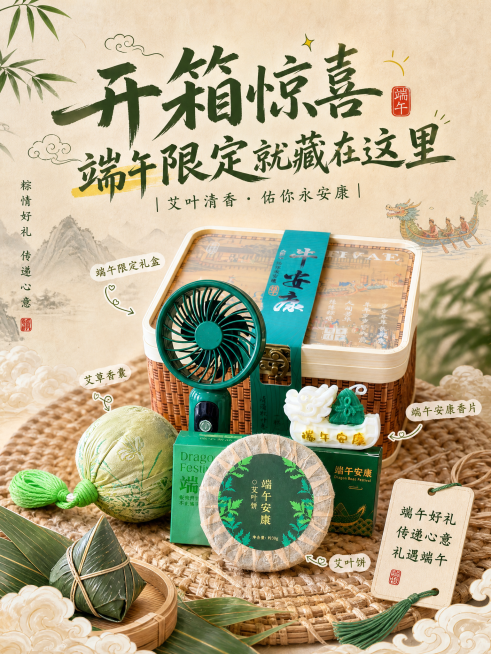 参考第一张图的创意国风设计风格，为这张产品图设计小红书海报，比例3:4，添加标题“开箱惊喜✨ 端午限定就藏在这里”，搭配国风端午装饰元素，整体风格统一适合小红书发布，文字排版好看预览效果