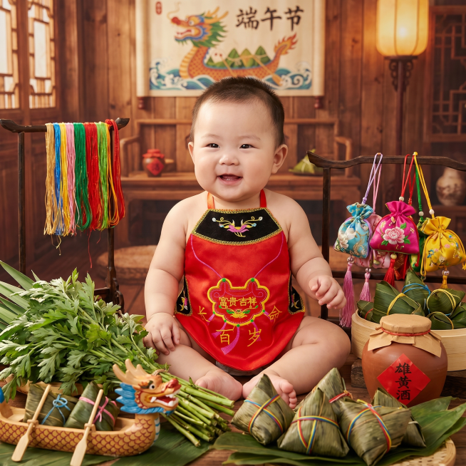 生成一张端午节氛围的图片，一个婴幼儿穿着参考图中的传统红色刺绣肚兜，画面温馨喜庆，具有浓厚的端午节日氛围，整体尺寸比例为1:1预览效果