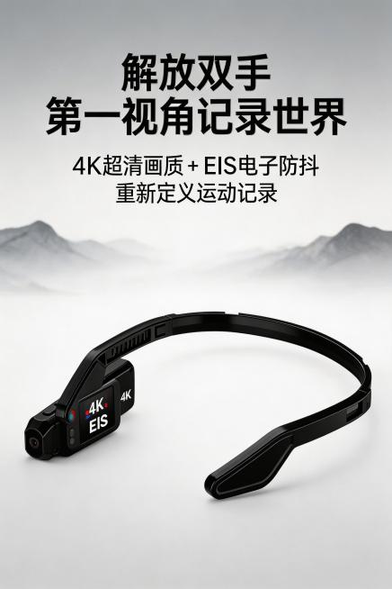 2:3竖版，杂志级精致排版，主标题“解放双手，第一视角记录世界”，副标题“4K超清画质 + EIS电子防抖，重新定义运动记录”。画面中心严格还原上传的头戴式4K运动相机（哑光黑机身、银灰按键、红蓝色指预览效果