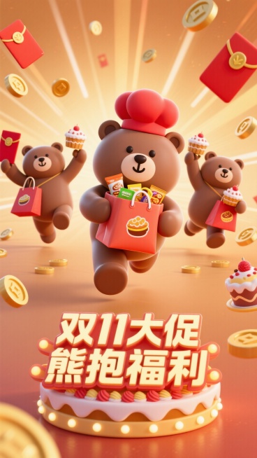 主视觉是戴红色厨师帽的小熊，抱着装满零食的购物袋跑出画面，身后 3 只小熊举着红包袋、拿着小蛋糕，正面视角。背景有金币、印着美食图案的红包、暖色调放射线，画面下方是蛋糕造型的 3D 文字灯牌 “双 1预览效果
