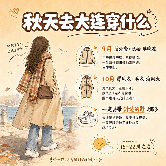 [主图-6] 大连旅游攻略第六张，主题：秋天去大连穿什么。流程范围与体验型，穿搭建议降低出行顾虑。
[统一基调] 小红书原生生活方式风格，暖棕奶茶色系，背景为浅棕到米白的柔和渐变，搭配手写体涂鸦装饰元素；主标题用粗体圆润大字，白色配深棕描边；辅助文字用深棕色细体；强调色用暖橙色；整体氛围治愈、真诚、像朋友分享的攻略笔记。
[画面] 左侧是一个手绘的穿搭小人（女生背影，穿风衣+牛仔裤+小白鞋，围一条围巾），占据左半部分；右侧是穿搭建议清单，分3条：第一条「9月 薄外套+长袖 早晚凉」，第二条「10月 厚风衣+毛衣 海风大」，第三条「一定要带舒适的鞋 走路多」；每条前面配一个小衣服图标；顶部主标题；右下角有一个小太阳和小云朵的天气图标标注「15-22度左右」。
[光影质感] 柔和自然光感，穿搭插画有手绘水彩质感，色彩温暖，整体明亮治愈。
[配色] 背景浅棕渐变，插画暖棕米色调，图标暖橙色，文字深棕色，主标题白色加粗。
[文字版式] 主标题顶部居中大号粗体；左右分栏，左图右文；右侧穿搭建议纵向排列，每条前有图标；天气标注在右下角小号字。
[输出要求] 1:1正方形比例，文字清晰可读，穿搭插画可爱实用，小红书笔记内页质感；负向：变形、错字、模糊、杂乱、水印、平台Logo、电商广告感。