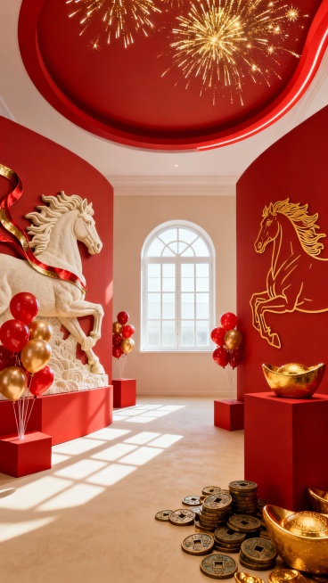 帮我生成五张，这是一个具有浓郁新春喜庆风格的室内场景，采用低角度仰视的纵深构图，打造出开阔且富有层次感的空间。整体以热烈的正红色与华贵的金色为主色调，搭配浅米色的地面与墙面过渡区域，营造出奢华大气的氛预览效果