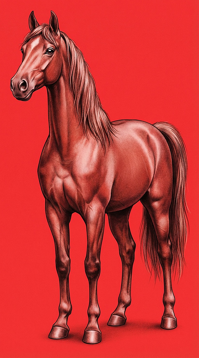 插画风厚涂马匹，重拟物质感，光影与体积感突出，油画般细腻肌理，红底衬托昂首姿态，尽显力量与优雅。