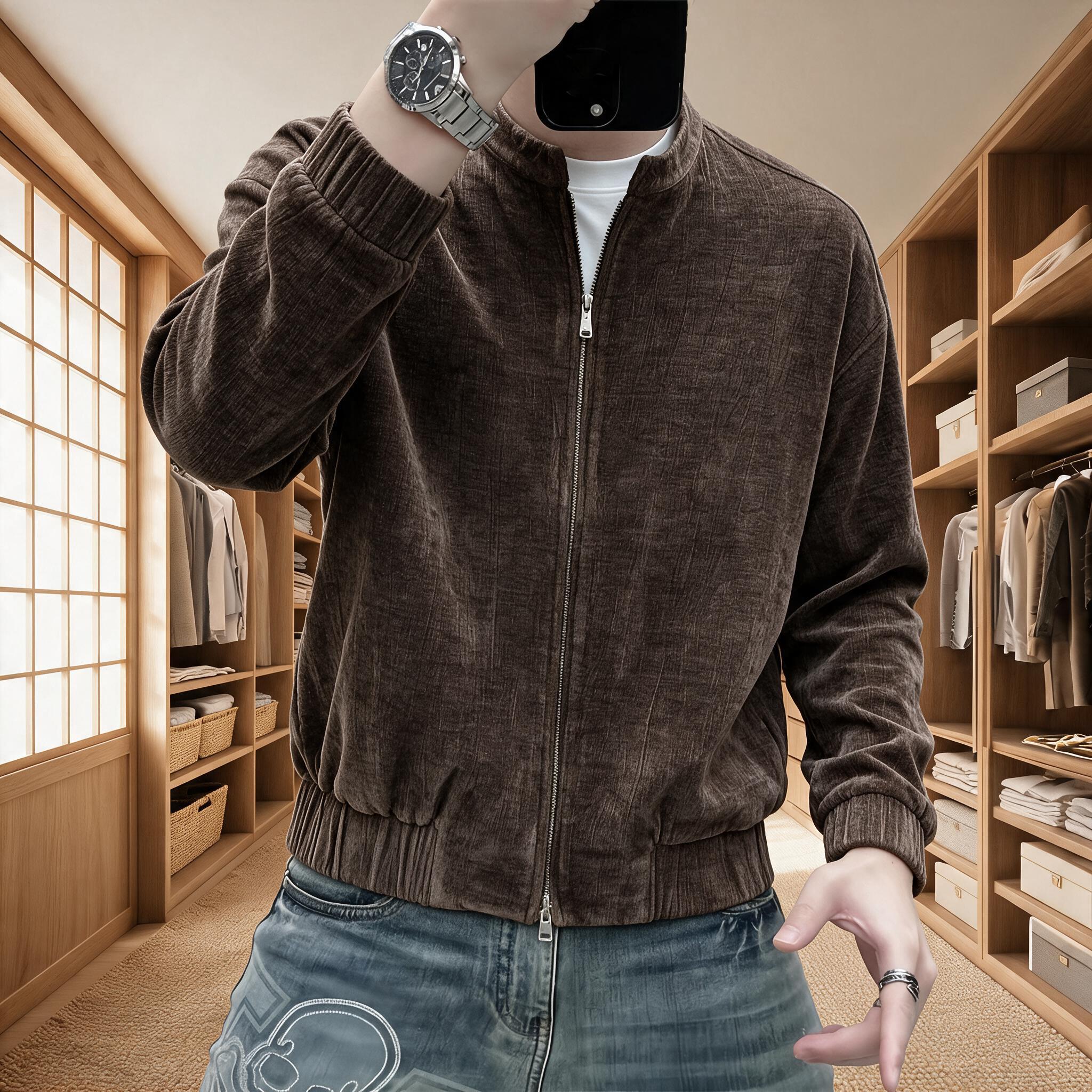 将图1模特身上的白色T恤替换为图2中的棕色立领拉链夹克，夹克颜… - 图片创意预览