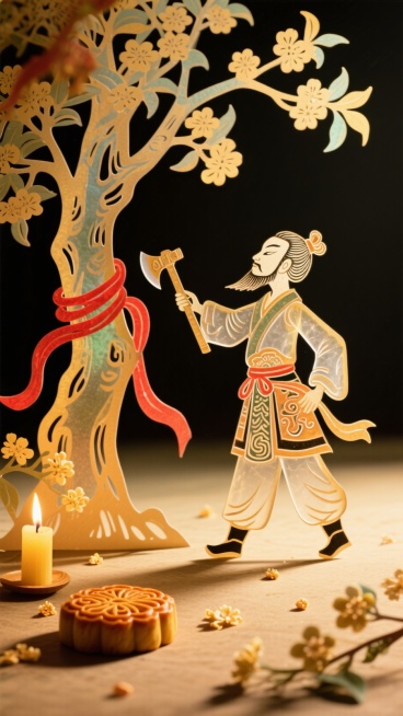 国风皮影，吴刚在桂树下挥斧，树干缠绕红绸，地面散落月饼与桂花，暖黄烛光作背景预览效果