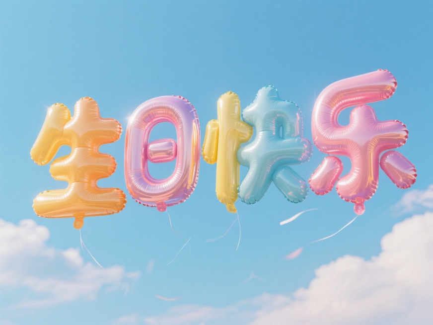 “生日快乐”的充气大字，天空背景预览效果