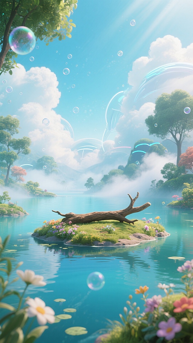 未来主义虚拟自然背景，在湖泊中有一个平坦的岛屿（上面放着一根粗壮的树枝），花，云，雾，光影，树木和植物，有漂浮的气泡和空气颗粒，色调明亮