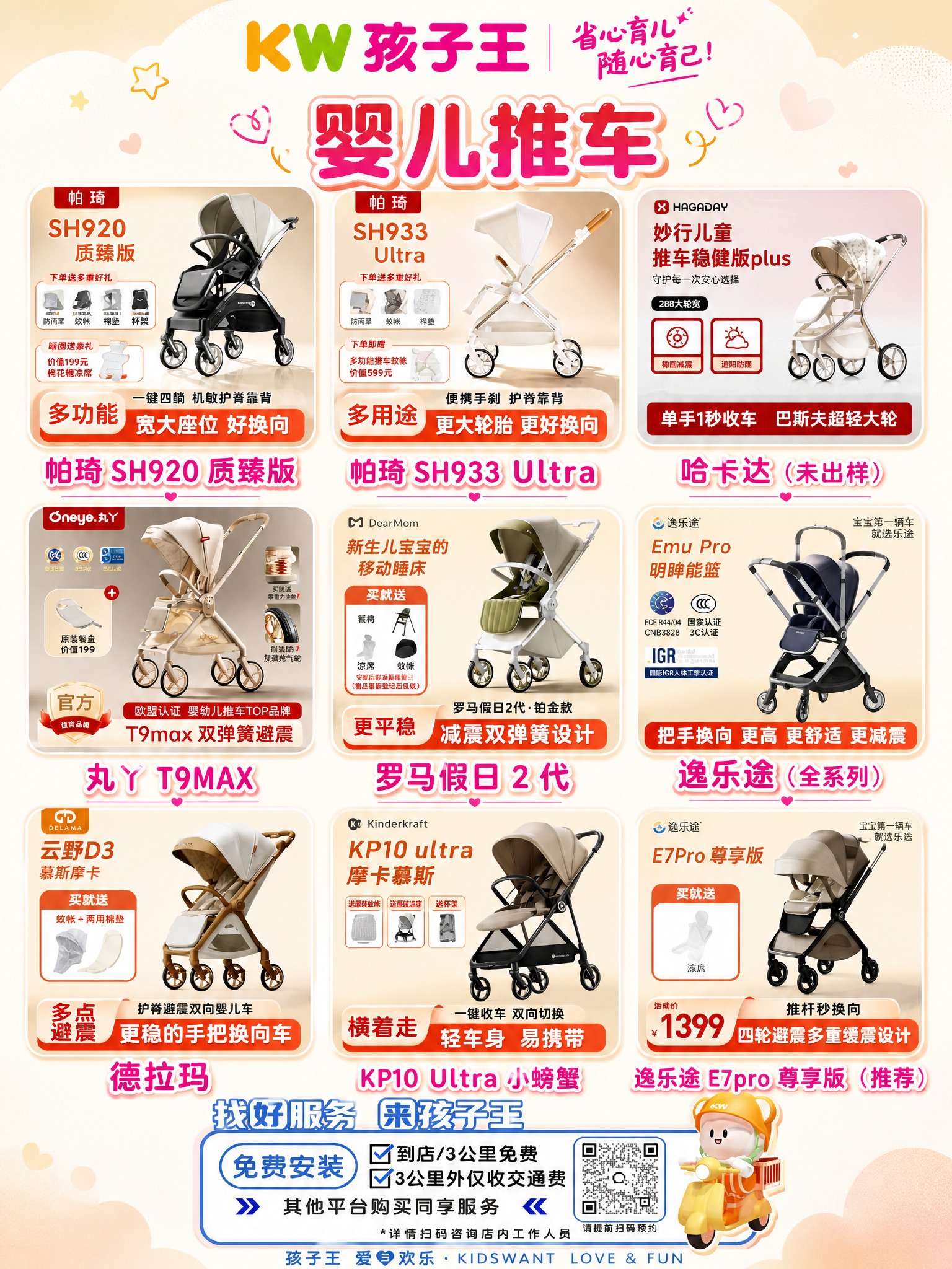 基于上传的孩子王婴儿推车合集海报进行美化重绘，重点优化产品名称… - 图片创意预览