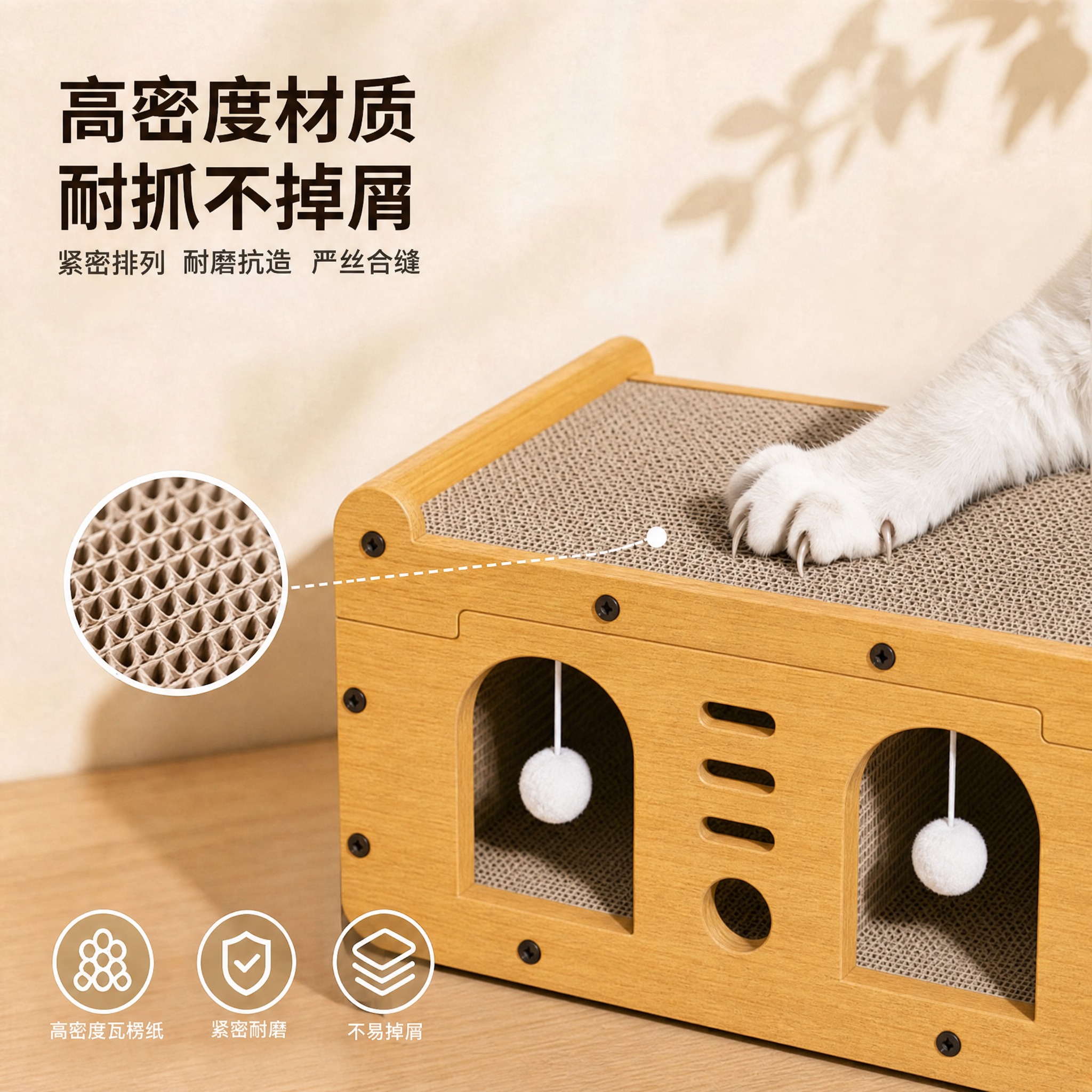 将图中的猫抓板猫窝产品主体替换为image2中的产品：浅木色黄… - 图片创意预览