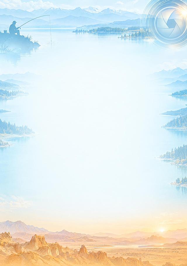 新疆北屯百湖之城旅游主题Word背景图，A4竖版构图，画面上方和左右两侧有淡蓝色湖泊与远山剪影，左上角有钓鱼竿垂钓的简约剪影，右上角有相机镜头光圈元素，底部有新疆戈壁地貌的淡金色渐变，画面中央大面积留白（约占60%）用于放置文字内容，整体色调为湖蓝与金橙渐变，低饱和度、低对比度，朦胧淡雅的底图效果，适合作为Word文档背景不影响文字阅读，风格大气唯美，旅游宣传质感，高清细腻