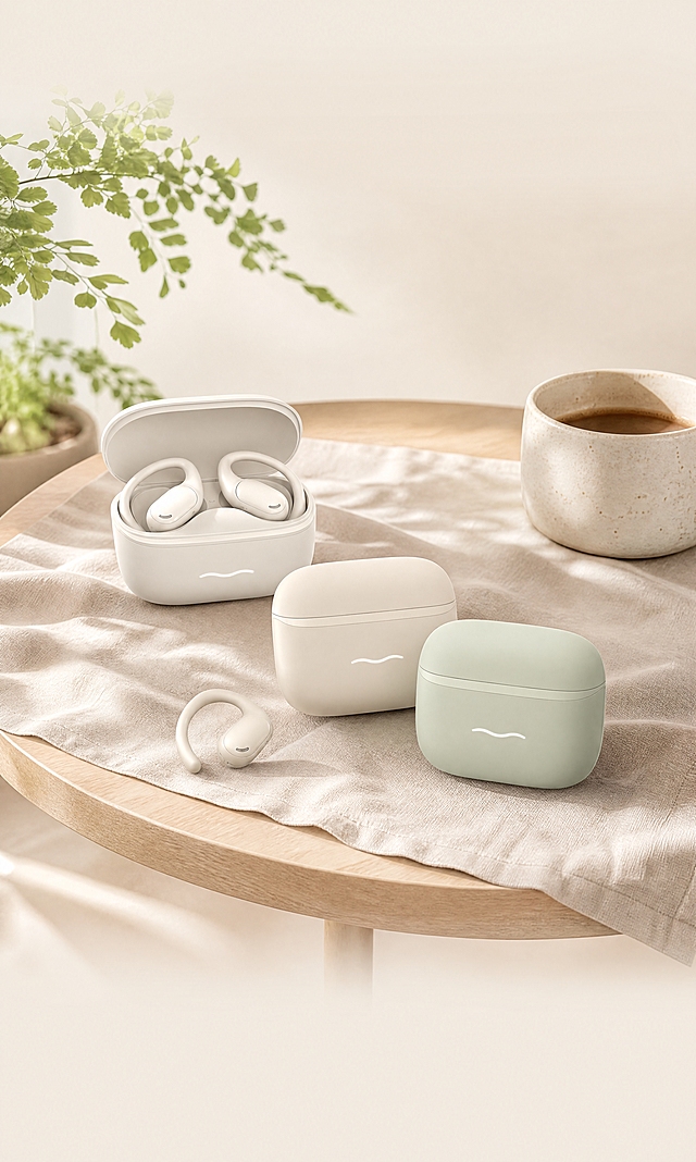 [商品] 使用图 https://gdesign-dam-hz.dancf.com/37867520582470831/8e35a1bf89f447cf9ac883766f4abd5e.png?x-oss-process=image/resize,l_3000,image/crop,w_3000,h_3000,g_center 的开放式挂耳OWS蓝牙耳机与鹅卵形翻盖充电仓；三色=云雾白/奶茶米/鼠尾草绿；严格保留：充电仓正面居中波浪形Logo线条、大圆角胖轮廓、背面顶部铰链+下方圆角按键、哑光亲肤表面；耳机=豆状发声主机+C型弹性挂臂、内侧双金属充电触点、外侧细长开孔；不改变结构、比例、配色、材质。
[画面] 第1段头图-环境展示：目标展示产品全貌与生活方式；浅木圆桌上放浅亚麻桌布、绿植与咖啡杯，三色充电仓（一闭一开）+一只耳机自然陈列，产品占画面55%-65%、位于画面中央偏上，上下各留约20%纯暖米白背景区用于无缝拼接；光线为左侧柔和自然光，产品下方有细腻接触阴影。
[视觉] 套系策略：风格=现代极简商业摄影+高级电商质感；标题字=无；正文字=无；主色=暖米白#FAF6F0；背景延展=画面顶部与底部各20%为同色浅沙渐变纯背景、完全连续无暗角无阴影无渐变断层；强调色=鼠尾草绿#9CAF88仅用于绿植与局部光效；标题色=无；正文色=无；组件=无文字图形；光影=左侧柔和自然光、柔焦、细腻高光。
[文字] 整段严禁出现任何文字、字母、数字、Logo文字、水印、UI、角标、标注线；所有区域保持纯净留白。
[规格] 3:5竖版1080×1800，4K分辨率，摄影质感，禁止变形、缺件、颜色改变、冷蓝/蓝灰主调、文字。